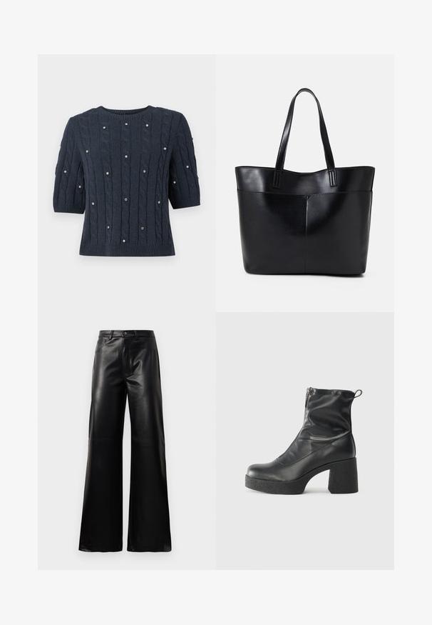 Navy blue knitted sweater with short sleeves, featuring cable patterns and decorative gem accents throughout. Round neckline and ribbed hem.; Black high-waist wide-leg faux leather pants with front button, zip closure, belt loops, and side pockets on white background.; Black ankle boots made of smooth leather, featuring a side zipper, chunky textured heel, and rounded toe design.; Black leather tote bag with two long handles, a smooth texture, and a structured shape. Features a front pocket for additional storage.
