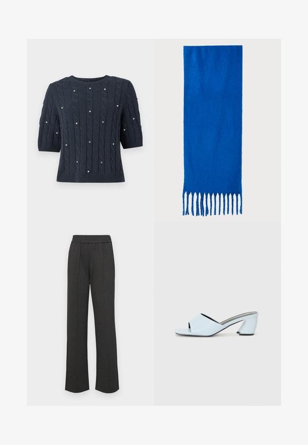 Marineblauer Strickpullover mit kurzen Ärmeln, der Kabelmuster und dekorative Edelsteinakzente überall aufweist. Rundhalsausschnitt und gerippter Saum.; Schwarze gerade geschnittene Hose mit elastischem Bund, vorderen Falten, weichem Stoff und ohne sichtbare Muster oder Hardware-Details.; Hellblaue offene mules mit Absatz und geometrischem Design, ausgestattet mit einem breiten Riemen über dem Fuß und einem dicken, winkligen Absatz.; Blauer gefranster Schal aus weichem Stoff; hat eine einfarbige Oberfläche mit strukturierter Textur und gleichmäßig geschnittenem Fransen am unteren Ende.