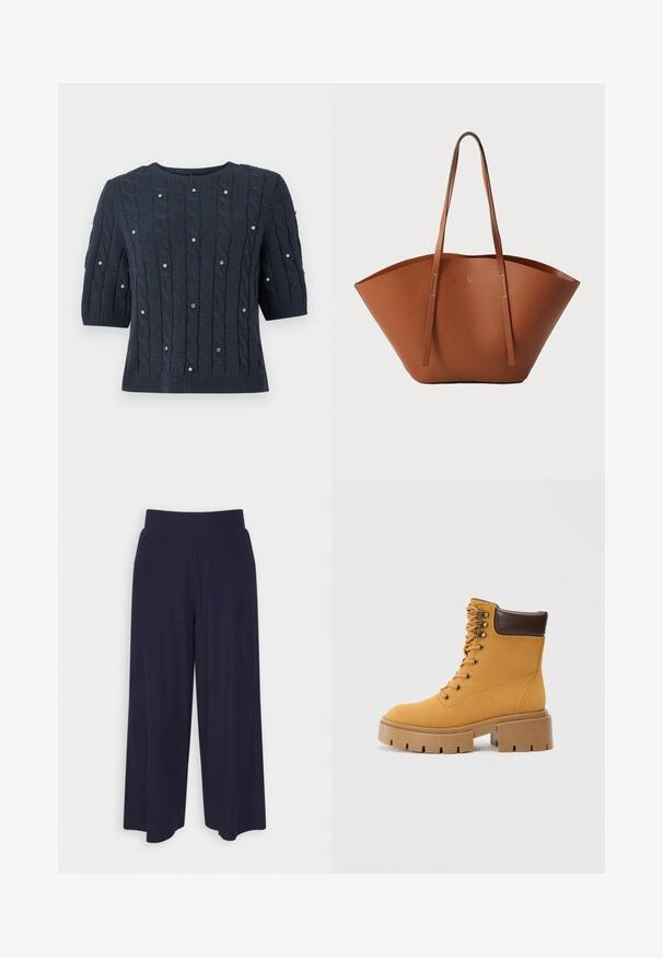 Mornarsko plavi pleteni pulover s kratkim rukavima, sa kabelskim uzorcima i dekorativnim akcentima od dragog kamenja. Okrugli izrez i rebrasti rub.; Hlače širokih nogavica od tamnoplavog materijala s reljefnom teksturom. Imaju glatki pojas i lepršavi siluet, dosežu do sredine potkoljenice.; Žute antilop čizme do gležnja s smešnim kožnim ovratnikom, šest zlatnih rupica za vezivanje i debelim bež đonom s utorima za prianjanje.; Smeđa kožna torba za nošenje s širokim, strukturiranim oblikom, tankim ručkama i teksturiranom površinom. Ima minimalistički dizajn bez vidljivih dijelova metalne opreme.