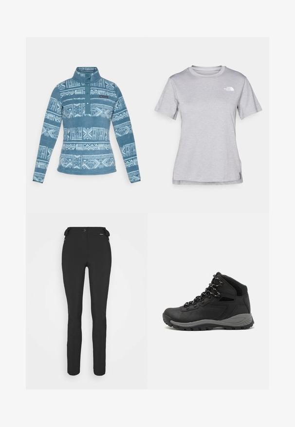 Fleece pullover i blå med hvide geometriske mønstre, 1/4 lynlås lukning og krave. Har et logo patch på den øverste venstre side.; Grå kortærmet T-shirt lavet af blødt, fugttransporterende materiale. Har en rund hals og et lille hvidt logo øverst til venstre.; Sorte, tætsiddende bukser lavet af et fleksibelt materiale. Funktioner inkluderer en lynlåslomme i siden, artikulerede knæ og en glat tekstur.; Sort vandrestøvle med en mellem-højde design, der har en tekstureret overdel, grå detaljer og en holdbar gummisål med skridsikre klodser.