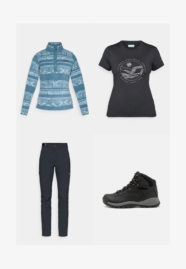 Sinine fliispullover valgete geomeetriliste mustritega, 1/4 tõmblukk ja krae. Ülemisel vasakul küljel on logo kleebis.; Musternine Columbia T-särk mustas värvuses, millel on valge ümmargune mägi ja jõe joonistus ning tekst "Columbia Sportswear Company Outside Since 1938."; Meeste välkpüksid, tumehallid, valmistatud paindlikest materjalidest, vöökohaga, tõmblukuga taskud ja tugevdatud õmblused.; Mustarjaline matkasaabas, millel on keskmine disain, tekstuuriga ülemine osa, hallid aktsendid ja vastupidav kummist põhi, millel on haardelugesid.