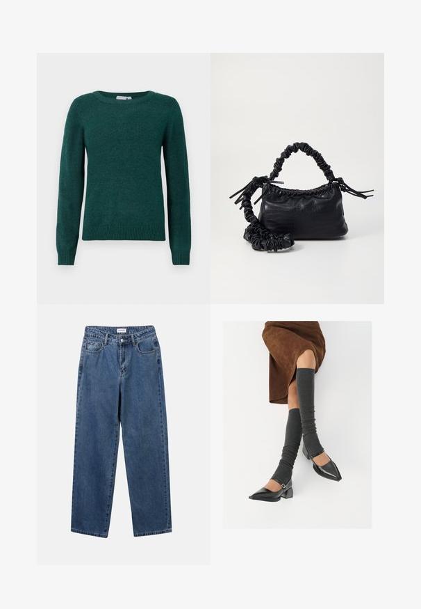 Tumši zaļa džemperis, kas izgatavots no mīksta auduma, ar apaļu apkakli un garām piedurknēm ar ribotām aprocēm un apakšmalu.; Klasiskie zili džinsi ar taisnu kāju dizainu, pieciem kabatām un pogu aizdari. Iezīmējas ar vidēju mazgāšanu un izturīgu tekstūru.; Melnas laka ādas apavi ar norādītu purngalu, blokveida papēdi un potīšu jostu, saskaņoti ar pelēkām ribotām kāju sildītājām un brūnu zamšādas svārku.; Melnā mākslīgās ādas rokassoma ar krokodila rakstu, savilkta augšdaļa un saburzīta siksna. Izskatās mīksta un kompakta pēc dizaina.