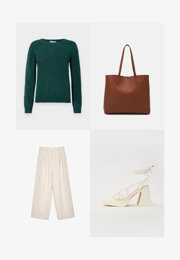 Tumši zaļa džemperis, kas izgatavots no mīksta auduma, ar apaļu apkakli un garām piedurknēm ar ribotām aprocēm un apakšmalu.; Beige platā kāju bikses ar krokām, ar gludu tekstūru un jostas cilpām. Pielāgota piegriezuma, nodrošinot vaļīgu piegulšanu ap kājām.; Baltas augstpapēžu sandales ar masīvu papēdi, ar siksnu dizainu un potītes saistītiem elementiem. Gluda tekstūra ar platformu priekšpusē, lai nodrošinātu papildu augstumu.; Brūna ādas iepirkumu soma ar gludu tekstūru, atvērta augšdaļa un divas plecu siksnas. Izceļas ar minimālām šuvēm un redzamu aparatūru nav.