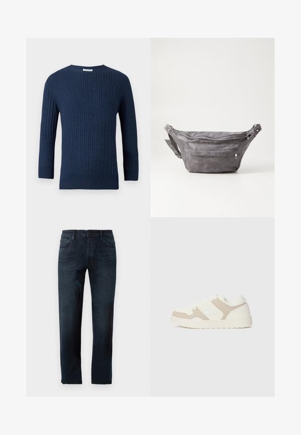 A tengerészkék kötött pulóver texturált bordázott mintával, kerek nyakkivágással és hosszú ujjal rendelkezik. Puha anyagból készült, testhezálló szabású.; Sötétkék farmernadrág, mely denim anyagból készült, egyenes lábú dizájnnal, elöl gombbal és cipzárral záródik, valamint öt zseb található rajta.; Fehér és bézs sportcipő, sima és velúr textúrák kombinációjával, kerek orral, fűzős záródással és lapos gumitalppal.; Szürke velúr övtáska kerek formával, két cipzáras rekesszel és állítható pánttal. Fém dekorációval rendelkezik.