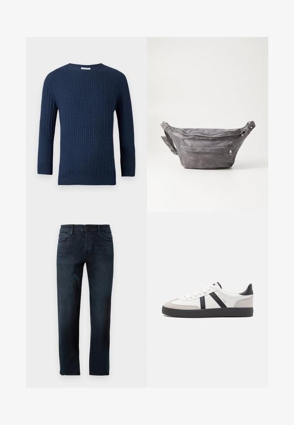 Tumes sinine kudumipusa, millel on tekstuuriline ribikonstruktsioon, ümar kaelus ja pikad varrukad. Valmistatud pehmest kangast, mis on figuuri järgivad.; Tume sinised teksad, valmistatud denimpurust, sirge jala kujundusega, ees nupuga ja tõmblukuga sulgemine ning viis taskut.; Valged tossud mustade ja hallide aktsentidega, tekstureeritud halli varbakattega, musta kummitald ja lamedad valged paelad. Puhtad jooned, minimalistlik stiil.; Hallikate nahast vöö kott, millel on ümar kuju, kaks tõmblukuga taskut ning reguleeritav rihm. Varustatud metallist detailide aktsentidega.