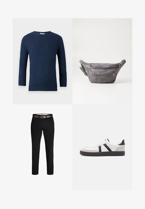 Tumes sinine kudumipusa, millel on tekstuuriline ribikonstruktsioon, ümar kaelus ja pikad varrukad. Valmistatud pehmest kangast, mis on figuuri järgivad.; Mustad puuvillased püksid sirge lõikega, millel on pruun nahkrihm ja sile tekstuur. Lihtne disain, nähtavaid mustreid või aktsente pole.; Valged tossud mustade ja hallide aktsentidega, tekstureeritud halli varbakattega, musta kummitald ja lamedad valged paelad. Puhtad jooned, minimalistlik stiil.; Hallikate nahast vöö kott, millel on ümar kuju, kaks tõmblukuga taskut ning reguleeritav rihm. Varustatud metallist detailide aktsentidega.