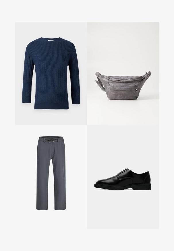 Merinomuotoinen tummansininen neulepaita sisältää teksturoidun ribbikuvion, pyöreän kaula-aukon ja pitkät hihat. Valmistettu pehmeästä kankaasta, jossa on muotoiltu siluetti.; Harmaat, joustavat vyötäröhupparit, joissa on kiristysnauha. Suoralinjainen malli, valmistettu sileästä kankaasta, jossa on minimaalinen ompelu ja ei näkyviä kiinnityksiä.; Mustat nahkakengät, joissa on sileä pinta, pyöreä kärki, nauhakiinnitys ja huomaamaton kumipohja pidon takaamiseksi.; Harso harmaa samettinen vyölaukku pyöreällä muotoilulla, kahdella vetoketjullisella osastolla ja säädettävällä hihnalla. Varustettu metallisilla varusteilla.