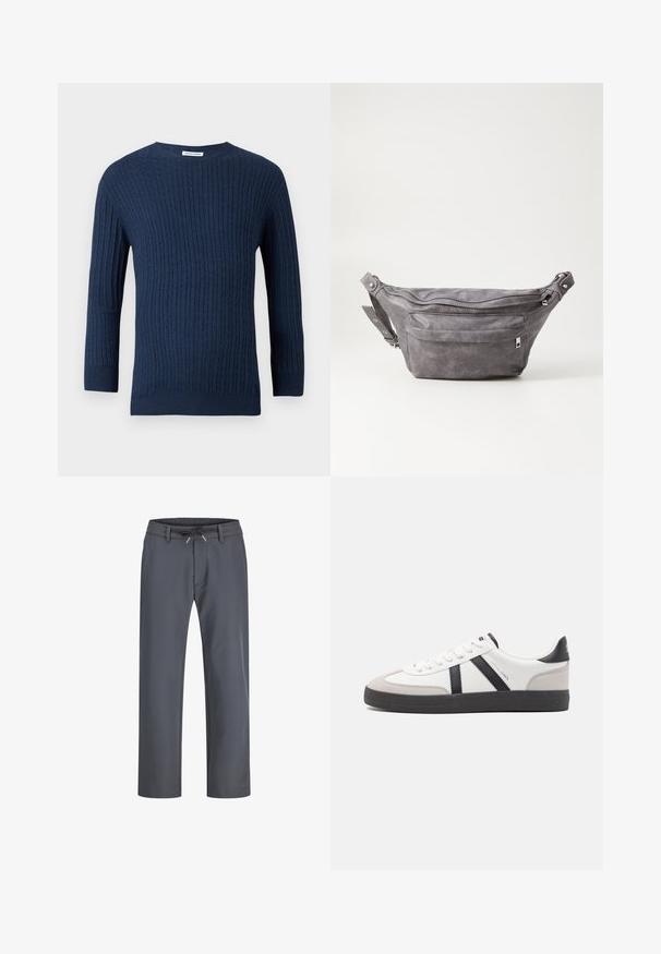 Námořnický pletený svetr má texturovaný žebrovaný vzor, kulatý výstřih a dlouhé rukávy. Vyrobeno z měkkého materiálu s přiléhavým střihem.; Šedé kalhoty s elastickým pasem a šňůrkou. Rovný střih, vyrobené z hladké tkaniny, mají minimální švy a žádné viditelné kovové prvky.; Bílé tenisky s černými a šedými akcenty, opatřené texturovaným šedým prstovým krytem, černou gumovou podrážkou a plochými bílými tkaničkami. Čistý design, minimalistický styl.; Šedý semišový ledvinka s kulatým tvarem, dvěma zipovými přihrádkami a nastavitelným popruhem. Obsahuje kovové akcenty.