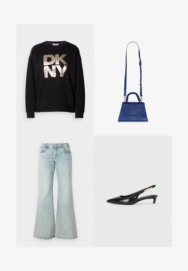 Μαύρο φούτερ με μεγάλο, φθαρμένο μεταλλικό χρυσό λογότυπο "DKNY". Μακριά μανίκια και ριμπ μανσέτες με σχέδιο χαλαρού ταίριασματος.; Ανοιχτό μπλε τζιν παντελόνι με καμπάνα, κατασκευασμένο από τζιν, με ψηλή μέση, τσέπες και φθαρμένα τελειώματα. Ο ύφασμα εμφανίζει μια ξεθωριασμένη απόχρωση και λεπτή υφή.; Μαύρες δερμάτινες γόβες slingback με μυτερή μύτη, διαθέτοντας λεπτό τακούνι και χρυσή λεπτομέρεια στην ρυθμιζόμενη λωρίδα. Λείος υφές.; Μπλε ψεύτικη δερμάτινη τσάντα χεριού με τριγωνικό σχήμα, κορυφαία λαβή και ρυθμιζόμενο λουρί ώμου. Διαθέτει λεία υφή και λεπτομέρεια με καπάκι μπροστά.