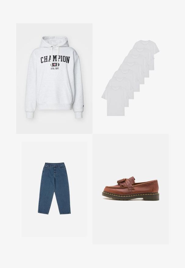 Svetlo siva dukserica s prednjim džepom, podesivim kapuljačom i crnom grafikom "CHAMPION ATHL. DEPT." na grudima. Mekan materijal.; Beli bombažni T-majici, kratki rokavi, krožni izrez, enostavna tekstura, zloženi v vrsto, s subtilnim logotipom na vratu.; Modre traperke z ohlapnim krojem, visokim pasom, petimi žepi in poudarjenim šivanjem. Imajo gumb in zadrgo za zapiranje.; Rjavi usnjeni mokasin s dodatki v obliki resic, teksturirana površina in kontrastne rumene šive ob črnem gumenem podplatu. Stranska perspektiva.