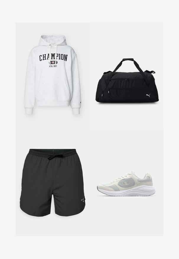 Svetlošedá mikina s kapucňou a predným vreckom, nastaviteľná kapucňa so šnúrkou a čierny grafický nápis "CHAMPION ATHL. DEPT." na hrudi. Mäkko príjemný povrch.; Čierne plavkové šortky s elastickým pásom a šnúrkou. Ľahký materiál so bočnými vreckami. Na spodnom leme sa nachádza malé logo.; Biele atletické tenisky s svetlošedými akcentmi, materiálmi sietnice a semišu, zaoblenou špičkou, štruktúrovanou podrážkou a viditeľným logom značky na boku.; Čierna taška typu duffel vyrobená z odolnej textílie, s dvojitými zipsovými oddeleniami, polstrovanými držadlami a bielym logom Puma na boku.