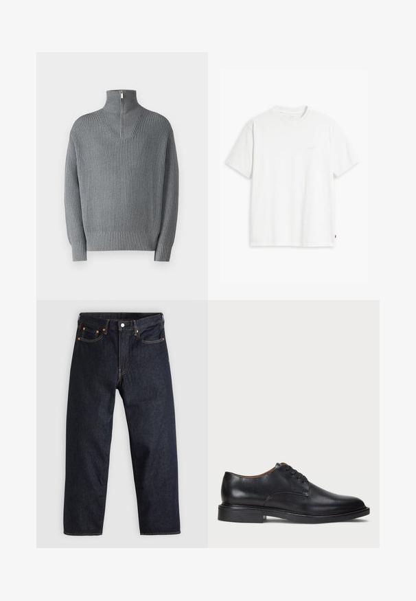 Suéter cinza canelado com gola alta e fecho zip, e mangas longas. Apresenta um padrão de malha texturizada com um corte descontraído e punhos elásticos.; T-shirt de algodão branco com mangas curtas, decote redondo e logo discreto da Levi's impresso no centro. Tecido macio e ajuste padrão.; Jeans de denim azul-escuro com corte reto, cinco bolsos, costura laranja em contraste e fecho de botão. Sem padrões ou adornos visíveis.; Sapato de vestido em couro preto com bico redondo, design com atacadores e um salto baixo empilhado. Textura suave com detalhes de costura mínimos.