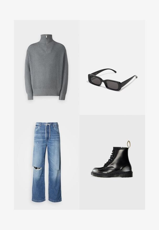 Pelēks ribots džemperis ar augstu, ar rāvējslēdzēju aizveramu apkakli un garām piedurknēm. Iezīmēts ar tekstūru adījuma rakstu, tam ir brīvs griezums un elastīgi aproču gali.; Gai zils džinsu bikses ar brīvu piegriezumu, ar baltu auklu viduklī un izteiktām plīsumiem priekšā, parādot saplēstas malas.; Melnas ādas potītes zābaki ar spīdīgu apdari, astoņām acīm, melnām šņorcēm un cilpu aizvilkšanai. Izceļas ar rūpīgi struktūrētu zoli.; Melnas taisnstūrveida saulesbrilles ar tumšiem stikliem, spīdīga apdare, platas kājas un masīvs rāmja dizains. Uz vienas kājas ir iegravēts zīmola nosaukums.