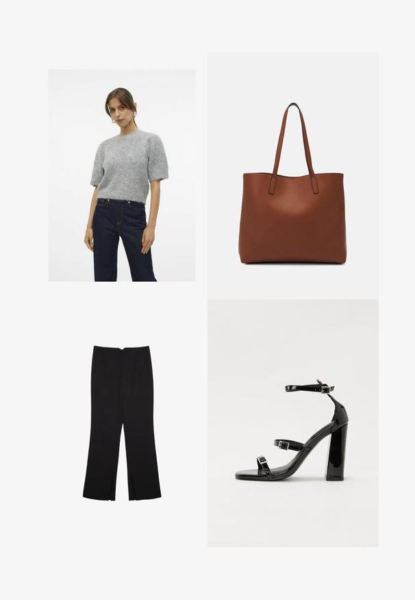 Šedý, chlupatý svetr s krátkým rukávem a kulatým výstřihem, kombinovaný s tmavě modrými džíny s vysokým pasem. Měkká textura, ležérní střih.; Černé kalhoty s rovným střihem, s předními kapsami a bočními rozparky na lemu. Vyrobené z jemné, hladké tkaniny. Vhodné na různé příležitosti.; Černé lakované sandály na podpatku se čtveratou špičkou, lýtkovými pásky a stříbrnými přezkami. Disponují masivním blokovým podpatkem pro stabilitu.; Hnědá kožená taška přes rameno s hladkou texturou, otevřeným designem a dvěma ramenními popruhy. Obsahuje minimální švy a žádné viditelné kovové prvky.