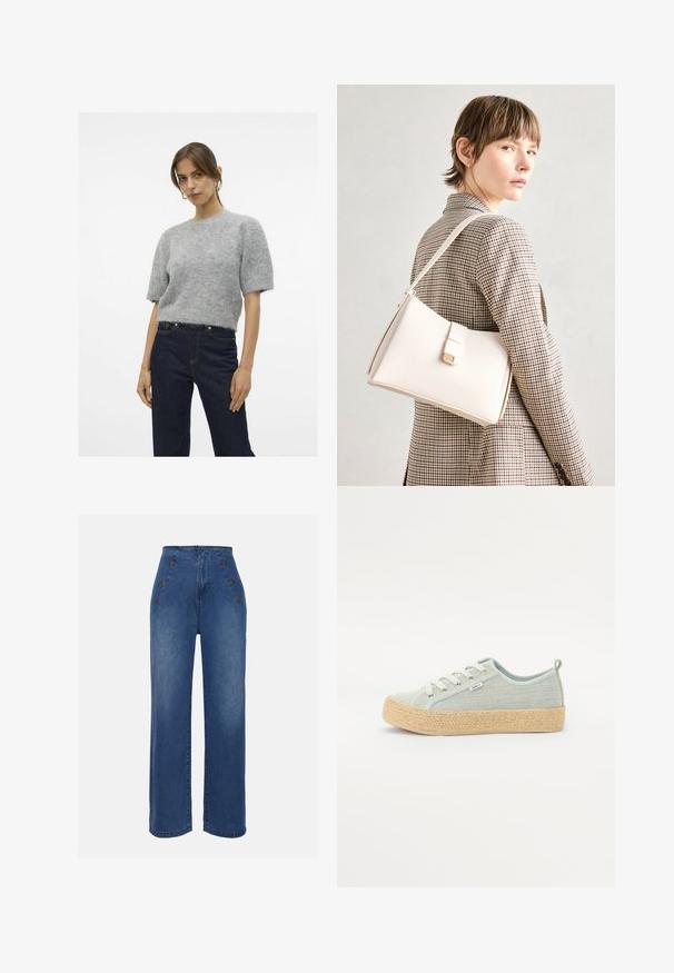 Harmaa, pörröinen lyhythihainen neule pyöreällä kaula-aukolla, yhdistetty tummansinisiin korkeavyötäröisiin farkkuihin. Pehmeä rakenne, rento istuvuus.; Korkeavyötäröiset farkut keskilevyisessä sinisessä sävyssä. Varustettu etusolmukkeilla ja leveälahkeisella muotoilulla. Kangas on sileä, ja siinä on hieno haalistuminen.; Vaaleansininen kangastossu, jossa on pyöreä kärki, nauhakiinnitys edessä ja juuttiköynnöksellä päällystetty pohja. Sivulla on pieni brändilappu.; Valkoinen nahkainen käsilaukku, jossa on jämäkkä muotoilu, magneettinen suljin ja olkahihna, esillä neutraalilla taustalla.