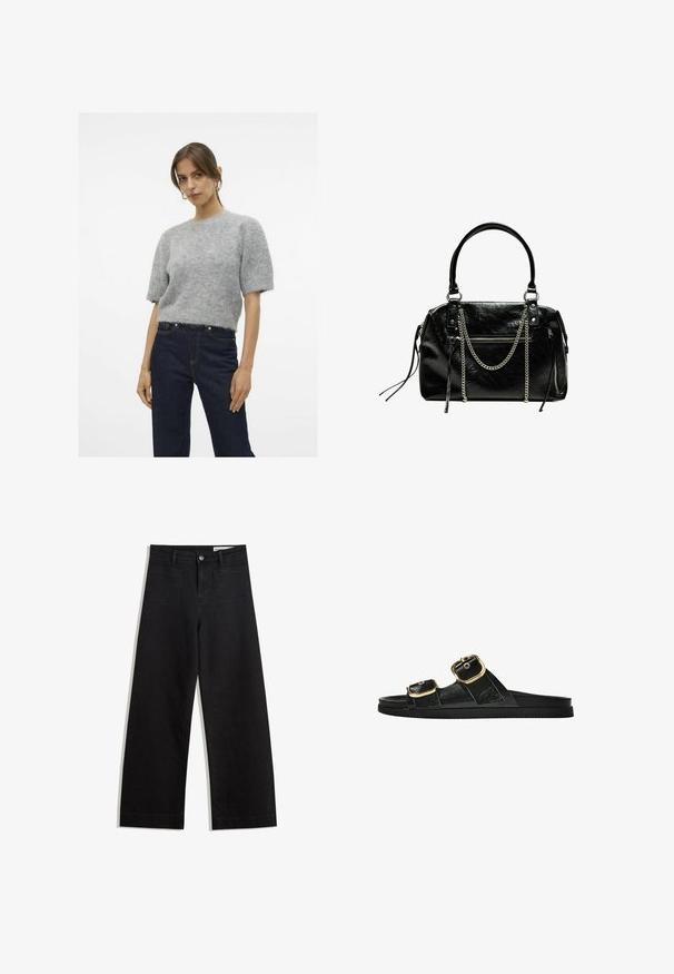Harmaa, pörröinen lyhythihainen neule pyöreällä kaula-aukolla, yhdistetty tummansinisiin korkeavyötäröisiin farkkuihin. Pehmeä rakenne, rento istuvuus.; Mustat leveät farkut korkealla vyötäröllä, joissa on etu- ja takataskut, ommellut saumat ja nappisuljenta. Silkinoinen rakenne.; Musta liukusandaali, jossa on kaksi kultaisesta solkesta tehtyä korostusta, sileäpintainen materiaali, litteä pohja ja minimalistinen muotoilu.; Bershka WITH CHAIN - Käsilaukku - black