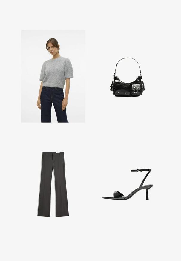 Siv svilen pulover s kratkimi rokavi in okroglim izrezom, kombiniran z temno modrimi hlačami z visokim pasom. Mehka tekstura, sproščen kroj.; Sive flared hlače iz gladkega materiala, z ravnim sprednjim delom, zankami za pas in krojem z čistimi linijami.; Bershka Sandali z visoko peto - black; Črna lakasta usnjena torbica s ukrivljeno obliko, enim ramenskim trakom, sprednjimi žepi in srebrnimi kovinskimi dodatki.
