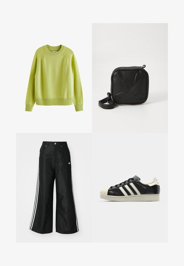 Limettengrüner Pullover mit runder Ausschnittlinie, Raglanärmeln, gerippten Bündchen und Saum sowie einem weichen, strukturierten Stoff.; Schwarze, weit geschnittene Jeans mit drei weißen Streifen an jeder Seite und einem kleinen weißen Logo. Mit vorderen Taschen und einem Knopfverschluss.; Schwarze Ledersneaker mit weißen Streifen, Gummikappe, schwarzen Schnürsenkeln und einer cremefarbenen Sohle. Glatte Textur mit glänzender Oberfläche.; Schwarze Umhängetasche aus strukturiertem synthetischem Material. Verfügt über ein eingeprägtes Logodesign und einen verstellbaren Riemen. Mit Reißverschluss geschlossen.