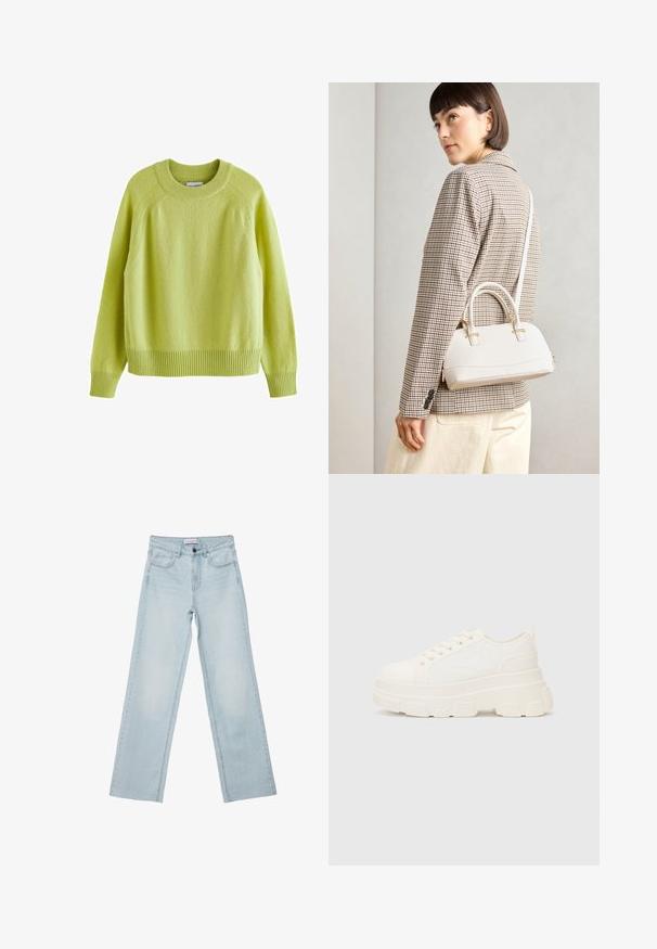 Limettengrüner Pullover mit runder Ausschnittlinie, Raglanärmeln, gerippten Bündchen und Saum sowie einem weichen, strukturierten Stoff.; Hellblaue weit geschnittene Jeans aus Denim. Verfügt über fünf Taschen, einen Knopfverschluss und ausgeblichene Details. Klassischer gerader Schnitt mit lockerer Passform.; Weiße Leinensneaker mit einer massiven Sohle, abgerundeter Spitze und fünf Ösen für Schnürsenkel. Hinterer Tab für ein einfaches Anziehen. Glatte Textur, minimalistisches Design.; Weiße strukturierte Handtasche mit kurzen Griffen und einem Schultergurt, ausgestattet mit goldfarbenen Hardware-Elementen und strukturiertem Material, vor einem grauen Hintergrund präsentiert.