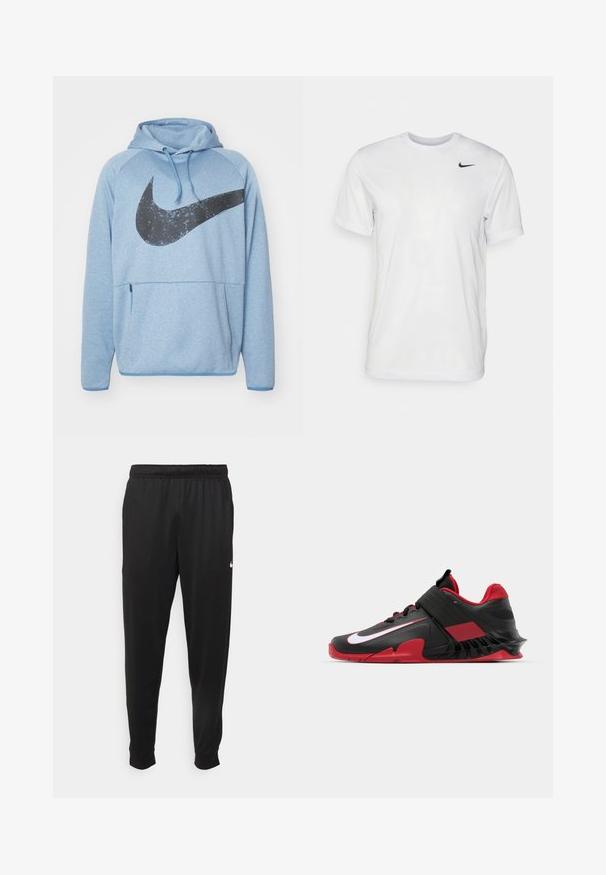 Felpa leggera blu con un grande logo Swoosh nero di Nike. Presenta una tasca frontale con zip, lacci sul cappuccio e maniche raglan.; T-shirt bianco a maniche corte in tessuto morbido. Presenta un collo rotondo e un piccolo logo Nike nero sul lato sinistro del petto.; Pantaloni sportivi neri realizzati in tessuto liscio, con una vita elastica, gambe affusolate e un piccolo logo bianco sul lato sinistro.; Sneakers atletici neri e rossi caratterizzati da un design elegante, tomaia in mesh testurizzato, suola in gomma resistente e un accento bianco del logo ben visibile.