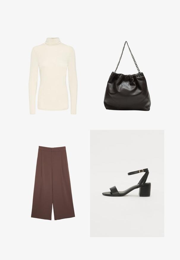 Kermakoskem beige pitkähihaiset poolopaita, jossa on kapea istuvuus ja sileä kangas, esillä yksinkertaisella valkoisella taustalla.; Ruskeat leveälahkeiset housut, joissa on sileä pinta, korkea vyötärö ja etupleat. Kangas on kevyttä ja laskeutuu väljänä.; Mustat korkokenkä-sandaalit, joissa on sileä nahkapinta, avoin varvas, leveät etuvarteen strapit ja säädettävä nilkkastrap, jossa on kultainen solkiyksityiskohta.; Ruskea nahkainen laukku, jossa on kerätty yläosa ja ketjuhihna. Tasainen pinta, jossa kiiltävä viimeistely ja hienovaraiset sauman yksityiskohdat sivuilla.