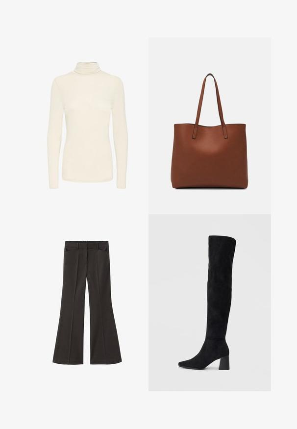 Cremefarbenes Langarm-Turtleneck-Oberteil mit schmaler Passform und glattem Stoff, auf einem schlichten weißen Hintergrund präsentiert.; Schwarze, weit geschnittene Hosen mit hoher Taille; verfügt über zwei Fronttaschen und eine glatte Stoffoberfläche. Geeignet für verschiedene Anlässe.; Schwarze Wildleder-Stiefel bis zum Knie mit Blockabsatz, spitzer Zehe und glattem, nahtlosem Design auf einem schlichten, hellen Hintergrund.; Braune Leder-Tote mit glatter Textur, offenem Oberteil und zwei Schulterriemen. Verfügt über minimale Nähte und keine sichtbaren Beschläge.
