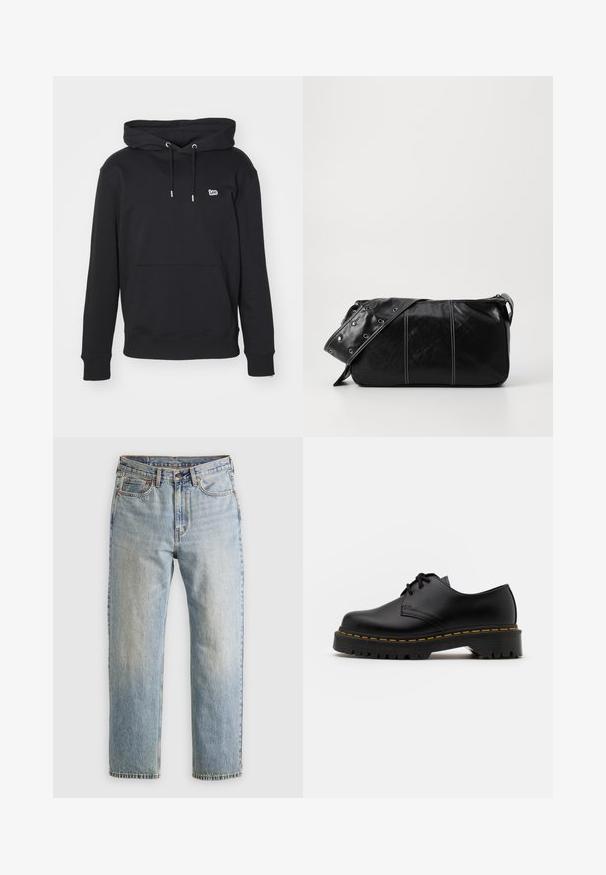 Moletom preto feito de mistura de algodão, com um bolso frontal, capuz com cordão, punhos canelados e um pequeno logótipo bordado no peito.; Jeans de ganga azul claro com cintura alta, fecho frontal, zipper e design de cinco bolsos, dispostos de forma plana sobre um fundo neutro.; Sapato de pele preta com atacadores, bico arredondado, sola de borracha texturizada e costura amarela à volta da base. Design plano e acabamento liso.; Bolsa de ombro em couro preto com fecho em zíper, apresentando um corpo texturizado, costura branca e uma alça com ilhós prateados.