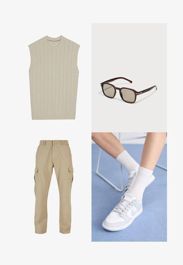 Vaaleanbeige ilmanhihaista neuletta, jossa on kaapelitekniikka. Varustettu ribbaustekniikalla oleva pyöreä pääntie ja helma. Pehmeä rakenne ja kevyet suunnittelu.; Beige cargo-housut, jotka on valmistettu puuvillatwillistä, sisältävät useita sivutaskuja, suoran lahkeen muotoilun ja vetoketjukiinnityksen, jossa on vyölenkit.; Valkoiset tennarit vaaleansinisillä yksityiskohdilla, nahkainen yläosa, rei'itetty varvas, paksut nauhat ja ribattu valkoinen sukka sinistä taustaa vasten.; Ruske srectangularne naočale s toniranim staklima, plastičnim okvirom i metalnim detaljima na stranama. Imaju elegantan dizajn i glatku teksturu.