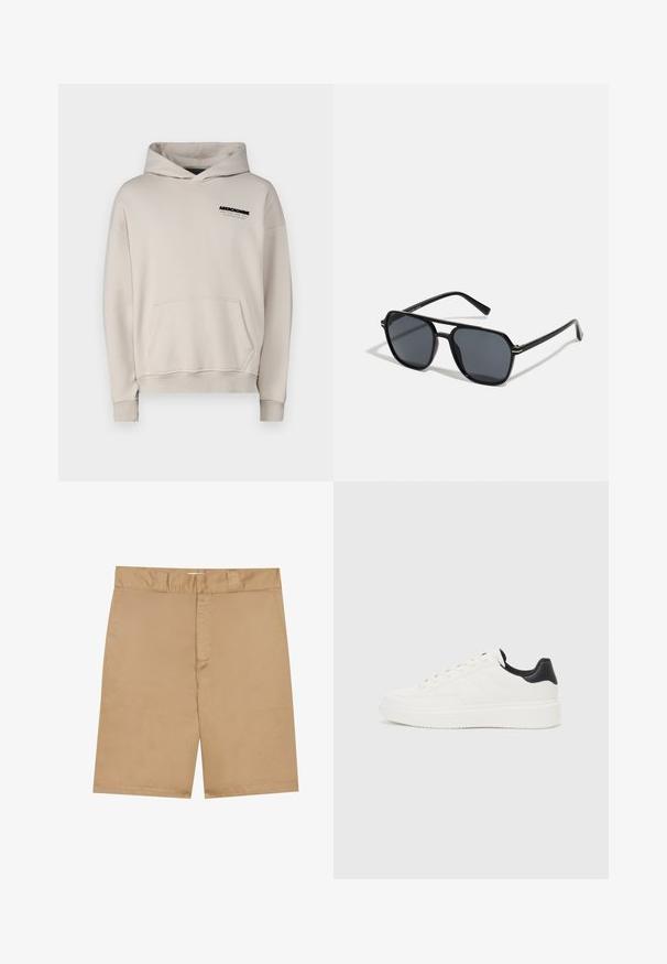 Abercrombie & Fitch Kapucnis pulóver - wind chime; Khaki rövidnadrág lapos derékkal, cipzáros elülső résszel és oldzsebekkel; sima, könnyű anyagból készült, amelynek finom textúrája van.; Fehér bőr sportcipő, dombornyomott mintával, texturált fehér középtalppal és fekete sarokbetéttel. Kerek orrú és lapos fűzőkkel rendelkezik.; Fekete napszemüveg nyolcszögletű kerettel, sötét lencsékkel, fényes felülettel, vékony szárakkal és arany díszítéssel az elülső részén.