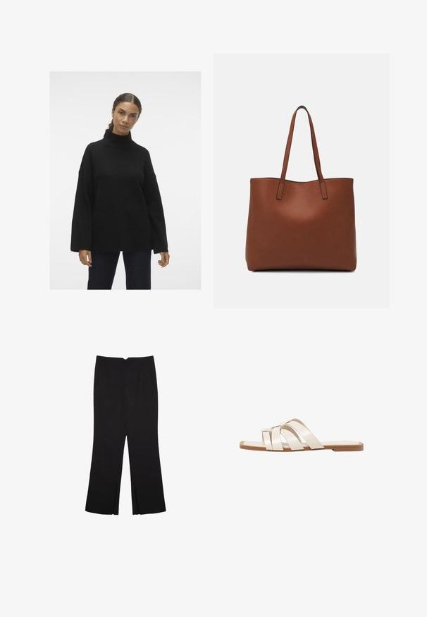 Schwarzer gestrickter Rollkragenpullover mit weiten Ärmeln und gerippten Bündchen, der eine weiche Textur und eine lockere Passform hat und über dunklen Jeans getragen wird.; Schwarze Hose mit geradem Schnitt, ausgestattet mit Fronttaschen und Seitenschlitzen am Saum. Hergestellt aus weichem, glattem Stoff. Geeignet für verschiedene Anlässe.; Flache Sandalen mit einer honigfarbenen Gummisohle, gestaltet mit drei überlappenden weißen Lederriemen und einem kleinen Schleifendetail in der Mitte.; Braune Leder-Tote mit glatter Textur, offenem Oberteil und zwei Schulterriemen. Verfügt über minimale Nähte und keine sichtbaren Beschläge.