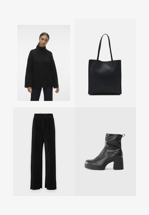 Černý pletený rolák s širokými rukávy a žebrovanými manžetami, s jemnou texturou a volným střihem, nošený přes tmavé džíny.; Černé plisované kalhoty s elastickým pasem. Mají široké nohavice a hladkou, strukturovanou tkaninu s vertikálními pruhy.; Černé kotníkové boty vyrobené z hladké kůže, s bočním zipem, robustním strukturovaným podpatkem a kulatou špičkou.; Černá kožená taška přes rameno s hladkým povrchem, obdélníkovým tvarem a dvěma dlouhými uchy. Žádné viditelné kování ani ozdoby.