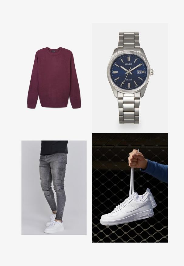 Pullover a maniche lunghe in tessuto a maglia testurizzata, di colore prugna scuro, con polsini, orlo e scollatura a costine.; Jeans skinny in denim grigio sbiadito, con dettagli strappati sulle ginocchia, abbinati a sneakers bianche. Texture liscia, design slim fit.; Sneakers in pelle bianca con perforazioni, punta rotonda, suola piatta e lacci spessi, con logo swoosh visibile e "AIR" sul tallone.; Orologio da polso in acciaio inossidabile argento con quadrante blu navy, indici metallici e finestra della data alle 3. Resistente all'acqua fino a 50 metri.
