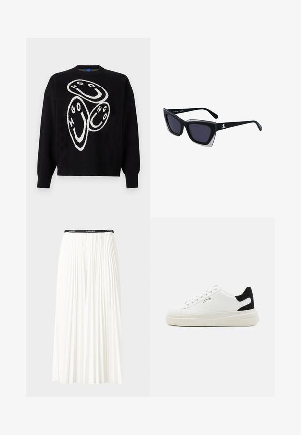 Melnā adīta džemperis ar baltu grafisko dizainu, kurā ir apļveida formas un burti "HGO". Ribu piedurknes un apakša izceļ struktūru.; Gari plānas baltas svārku ar melnu elastīgu jostu, uz kuras redzams "LACOSTE" logo. Vidēja garuma dizains ar mīkstu tekstūru.; Baltas ādas sporta apavi ar biezu balto zoli, melna zamša uzpura un izspiestais logotips sānos. Šņorējuma dizains ar sešiem acu caurumiem.; Melni pārmēru saulesbrilles ar ģeometrisku formu, kas aprīkotas ar tumšiem stikliem un kontrastējošu pelēku akcentu uz rāmja. Logo uz kājas.