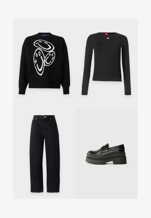 Schwarzer, gestrickter Pullover mit weißem grafischem Design, das aus kreisförmigen Formen und den Buchstaben "HGO" besteht. Gerippte Bündchen und Saum betonen die Struktur.; Schwarzes Langarmshirt aus glattem Stoff. Verfügt über einen Rundhalsausschnitt und ein kleines silbernes Logo auf der Brust. Minimalistisches Design.; Hoch taillierte, gerade geschnittene schwarze Denim-Jeans mit fünf Taschen, Metallnieten und tonalem Nähen. Glatte Textur, minimalistisches Design.; Schwarze Lederloafer mit einer klobigen Plateausohle. Abgerundete Spitze, Nahtdetail auf der Vorderseite und dezente Nähte. Flache, strukturierte Außensohle.
