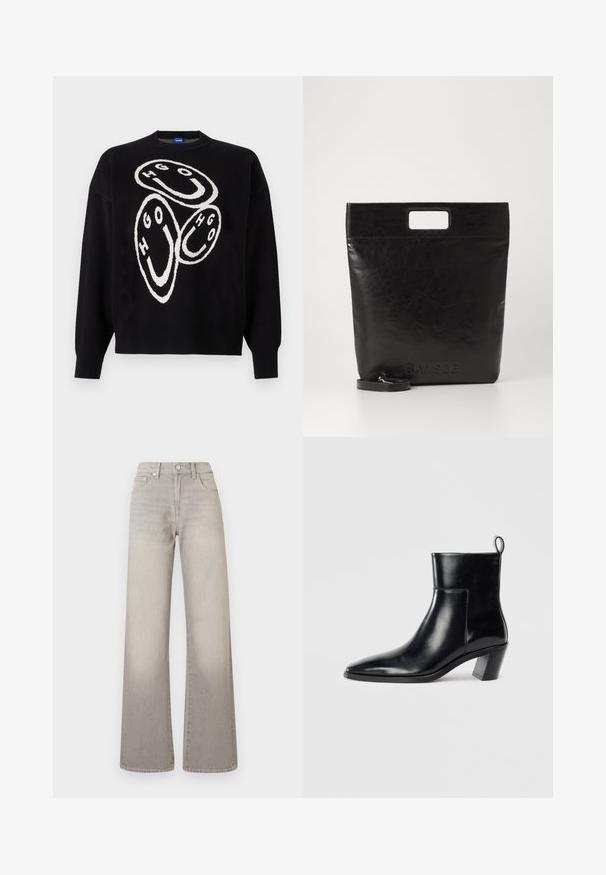 Black knitted sweater featuring white graphic design with circular shapes and the letters "HGO." Ribbed cuffs and hem accentuate the structure.; Gray wide-leg jeans with a faded finish, button closure, five-pocket design, and stitched detailing along the seams.; Black leather ankle boot with a pointed toe, a geometric stacked heel, and a pull tab at the back. Smooth texture and sleek design.; Black leather tote bag with a square handle, featuring a textured finish and embossed logo. Includes a detachable strap.