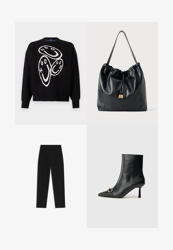 Sort striktrøje med hvid grafikdesign, der viser cirkulære former og bogstaverne "HGO." Ribbet manchetter og søm fremhæver strukturen.; Sorte bukser med lige pasform, der har dobbelte folder, en glat tekstur og et klassisk taljedesign. Ingen synlige hardware eller accenter.; Sort læder ankelstøvle med spidse tæer, slank hæl i mellemhøjde og sølvspænde detaljer på siden mod en ensfarvet baggrund.; Sort lædertrækpose med en glat overflade, samlede top og subtilt guldfarvet hardware. Har en enkelt robust rem og prægede logo.