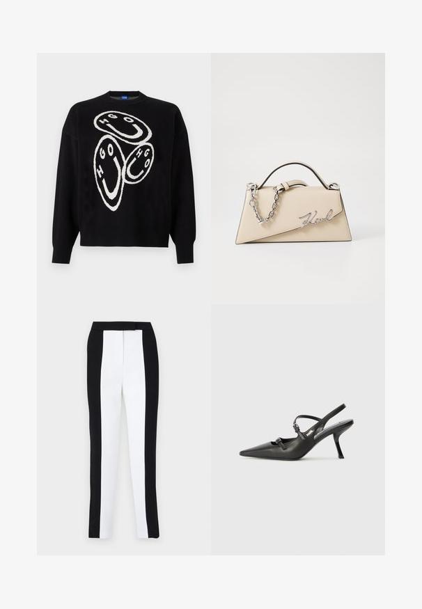 Pull noir en maille avec un design graphique blanc comportant des formes circulaires et les lettres "HGO". Les poignets et l'ourlet côtelés accentuent la structure.; Pantalons fuselés noir et blanc avec un ajustement slim et des panneaux contrastés. Le tissu a une texture lisse ; la taille est plate et ajustée.; Talons slingback en cuir noir avec un bout pointu, un talon fin et un détail de boucle décorative sur le vamp. Texture lisse et design épuré.; Sac à main en cuir beige avec une forme triangulaire structurée, doté d'une anse en chaîne argentée et d'un logo en cursive en métal.
