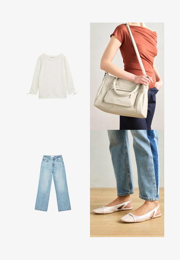 Bílý dlouhý rukáv top s texturovaným povrchem, kulatým výstřihem a zavazováním na rukávech. Jednoduchý design s volným střihem.; Světle modré džíny s širokými nohavicemi a vysokým pasem, s bledým odstínem a malými, rozptýlenými detaily opotřebení po celém povrchu.; Světle růžové slingback baleríny s špičatou špičkou, vyrobené z hladkého koženému materiálu. Obsahují vystřihovací detaily po stranách a plochý podpatek.; Bílá kožená kabelka s dvojitými uchy a odnímatelným popruhem, která má přední zipovou kapsu a hladký povrch. Nese se na paži osoby.