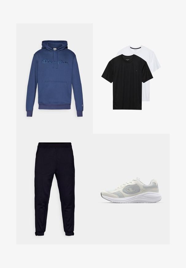 Jūras tumši zils džemperis ar priekšējo kangarū poku, regulējamu kapuci un izšūtu "Champion" logotipu gaišākā zilā krāsā. Strukturēta auduma.; Divas vaiņā apģērba t-krekli: viens melns un viens balts, izgatavoti no mīkstas auduma. Katram ir īsas piedurknes un minimālistisks dizains ar логотипu uz krūtīm.; Melnas sporta bikses, kas izgatavotas no mīkstas auduma, ar sānu rāvējslēdzējiem, elastīgu jostu un piegulošiem elastīgiem galiem ap potītēm.; Baltas sporta apavi ar gaiši pelēkām akcentiem, sietiņa un zamša materiāliem, noapaļota purngalu forma, strukturēta zole un redzams zīmola logo uz sāna.