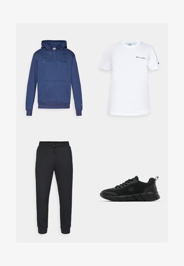 Sweatshirt azul marinho com um bolso frontal tipo canguru, capuz ajustável e logótipo "Champion" bordado em azul mais claro. Tecido texturizado.; T-shirt de algodão branco com decote redondo, mangas curtas e um logótipo "Champion" bordado a preto no peito e como detalhe na manga.; Joggers atléticos pretos com cintura elástica ajustável, bolsos laterais com fecho e punhos canelados. Feitos de um tecido suave e texturizado.; Tênis de desporto pretos com parte superior em malha, biqueira reforçada, entressola texturizada e loop na parte de trás para calçar facilmente. Logotipo exibido ao lado.