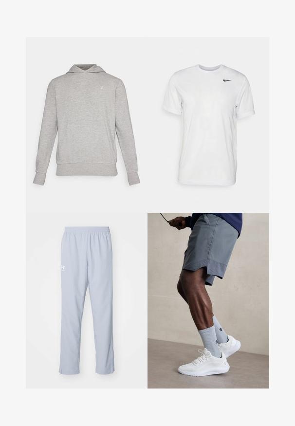 Pilkas džemperis su laisvu kirpimu, pagamintas iš minkštos medžiagos. Savybės: kengūros tipo kišenė, ripsuoti rankogaliai ir mažas logotipas virš kišenės.; Balta trumpa rankovėmis marškinėliai, pagaminti iš lygaus audinio. Turi apvalų kaklą ir mažą juodą Nike logotipą kairėje krūtinės pusėje.; Šviesiai mėlynos sportinės kelnės su elastingu juosmeniu, šoninėmis kišenėmis ir kulkšn Midi užtrauktukais. Kairėje šlaunyje išspausdintas baltas logotipas.; Balti sportiniai bateliai su tekstūruotu tinkleliu viršuje, derinami su šviesiai mėlynomis ribotomis kojinėmis su logotipu. Pilki sportiniai šortai su perforuota apdaila.