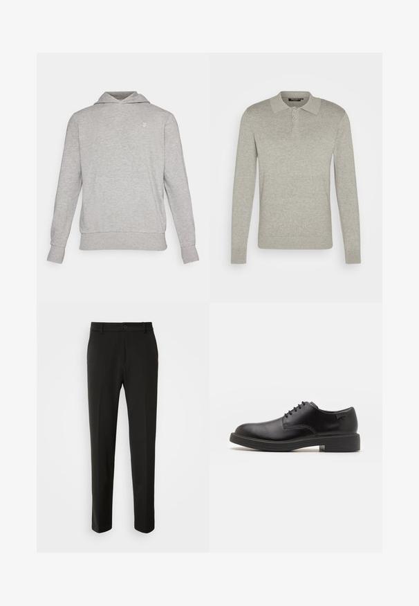 Felpa grigia con una vestibilità rilassata, realizzata in tessuto morbido. Caratterizzata da una tasca a marsupio, polsini a costine e un piccolo logo sopra la tasca.; Polo a maniche lunghe grigio chiaro realizzato in tessuto morbido, con un colletto classico, patta con tre bottoni e polsini a costine.; Pantaloni neri realizzati in tessuto liscio, con gamba dritta, chiusura con bottone e un design classico adatto per abbigliamento formale o casual.; Scarpa nera in pelle con lacci, punta tonda, texture liscia, cuciture minime e tacco in gomma basso. Logo sul tacco.