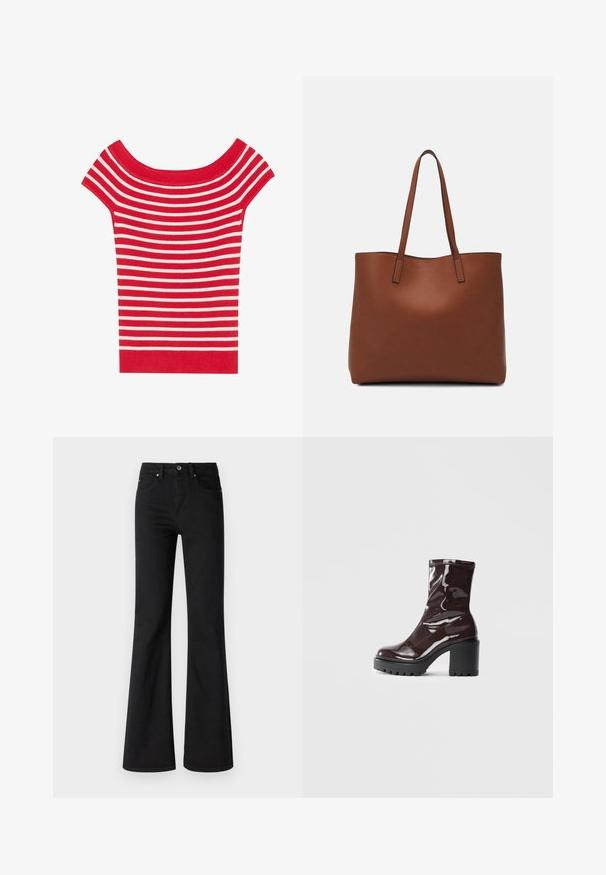 Top de mangas curtas, à prova de ombros, em listras horizontais vermelhas e brancas, feito de tecido de malha canelada com um design ajustado.; Jeans pretos de perna larga feitos de denim com cintura alta, apresentando cinco bolsos, botão frontal e fecho de zíper, textura suave.; Bota de tornozelo burgundy brilhante com um salto preto robusto, apresentando uma textura suave e um design simples. Sem fechos ou padrões visíveis.; Bolsa tote de couro castanho com uma textura suave, design de abertura superior e duas alças para o ombro. Apresenta costura mínima e sem hardware visível.