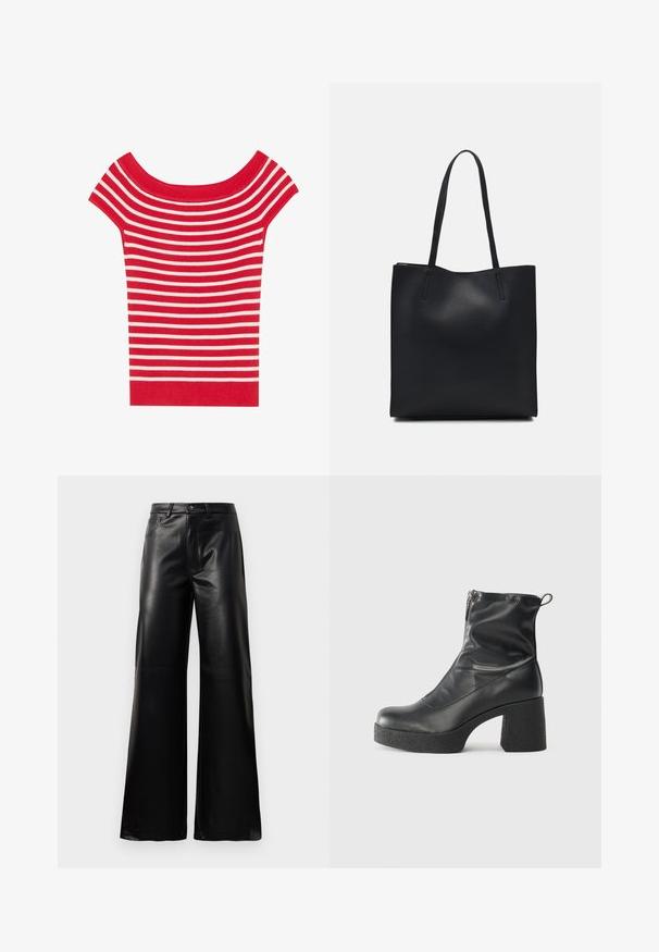 Kurze, schulterfreie Bluse in rot-weißen horizontalen Streifen, aus geripptem Strickstoff und mit figurbetontem Design.; Schwarze leichte, weit geschnittene, hochtaillierte Kunstlederhose mit vorderem Knopf, Reißverschluss, Gürtelschlaufen und Seitentaschen auf weißem Hintergrund.; Schwarze Stiefeletten aus glattem Leder mit seitlichem Reißverschluss, klobigem strukturiertem Absatz und runder Zehenform.; Schwarze Laptoptasche aus Leder mit glatter Textur, rechteckiger Form und zwei langen Griffen. Keine sichtbaren Beschläge oder Verzierungen.
