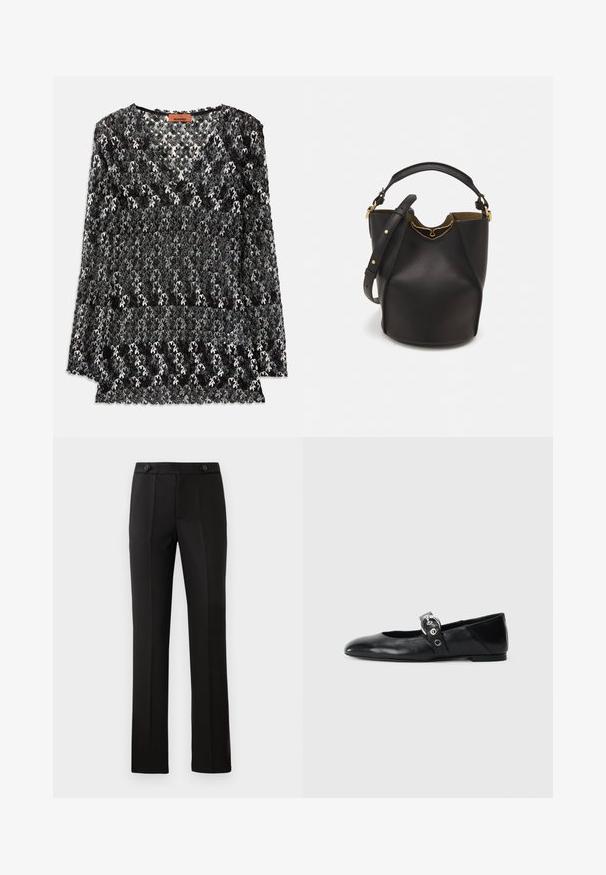 Top dantelat negru și alb, cu decolteu în V, mâneci lungi și un model floral cu texturi intricate și margini ondulate.; Pantaloni negri croiți, cu un croi drept, două buzunare frontale, închidere cu nasture și detalii cu pliuri în față. Textură de țesătură netedă.; Balerini din piele neagră, cu vârful ascuțit, având o curea cu o cataramă metalică circulară și o talpă plată.; Geantă din piele neagră în stil bucket, cu un finisaj texturat, accente din metal auriu și un compartiment deschis. Dispune de o mânere scurtă și un curea de umăr ajustabilă.