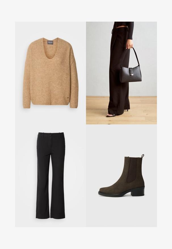 Bēša adīta džemperis ar plašu V veida kaklu un nokritušām plecu daļām. Tam ir maiga tekstūra un neliels logotipa elements kreisajā apakšējā pusē.; Melni kokvilnas auduma bikses ar taisnu kāju dizainu, priekšējo pogu aizdari un divām sānu kabatām. Gluda tekstūra, bez redzamām rakstu zīmēm.; Brūni zamšaini potītes zābaki ar elastīgām sānu daļām, apaļu purngalu, 4 cm bloku papēdi un aizmugurējo cilpiņu. Gluda tekstūra ar šuvju akcentiem.; Melnā somiņa ar strukturētu formu, gludu tekstūru un metālu sprādzi. Saskaņota ar platām melnām biksēm un sandālēm ar atvērtu purngalu uz koka grīdas.