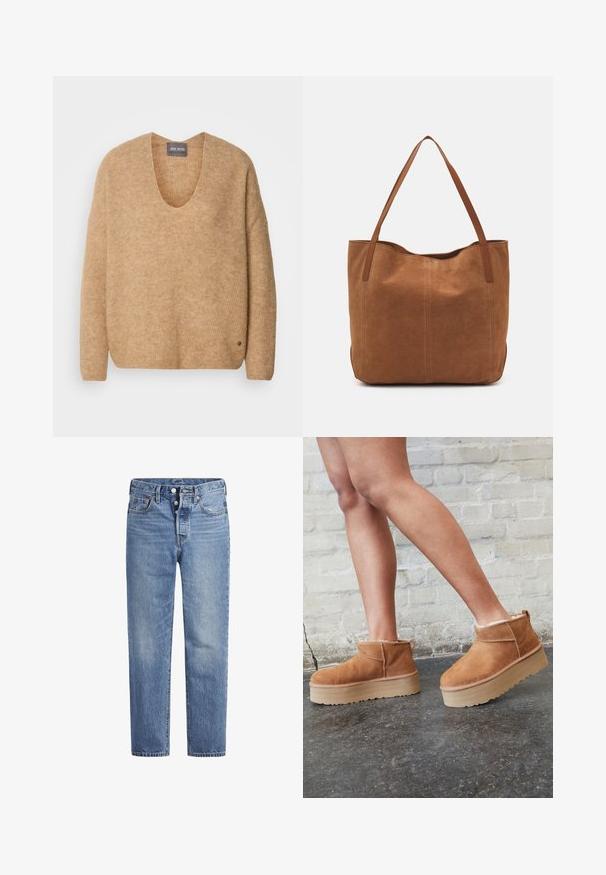 Beige knit sweater featuring a wide V-neck and drop shoulders. It has a soft texture and a small logo detail at the bottom left side.; Light blue denim jeans with a straight cut, five-pocket design, and a button fly. Features subtle fading and orange stitching accents.; Brown suede ankle boots with a plush lining, thick beige platform sole, and a rear pull tab. Textured surface with visible stitching details.; Brown suede tote bag with two long handles, featuring a smooth texture, simple design, and no visible hardware or accents.