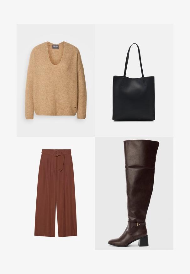 Sweater de malha bege com um amplo decote em V e ombros caídos. Apresenta uma textura suave e um pequeno detalhe de logo no canto inferior esquerdo.; Calças de perna larga em tecido castanho, com um cinto de fivela quadrada, design pregueado e textura suave.; Bota de couro castanho escuro até ao joelho com salto bloco e detalhe decorativo em tiras à lateral, apresentada sobre um fundo claro e simples.; Bolsa tote preta em couro com textura lisa, forma retangular e duas alças longas. Sem hardware ou enfeites visíveis.
