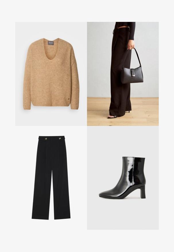 Beige Strickpullover mit weitem V-Ausschnitt und überschnittenen Schultern. Er hat eine weiche Textur und ein kleines Logo-Detail auf der unteren linken Seite.; Schwarze weite Hosen mit hoher Taille, Knopfdetails am Bund und vorderen Falten.; Schwarzer Lackleder-Stiefelette mit spitzer Zehe und einem mittelhohen Blockabsatz. Glatte Textur und minimalistisches Design.; Schwarze Handtasche mit strukturierter Form, glatter Textur und einem metallischen Verschluss. Kombiniert mit weiten schwarzen Hosen und offenen Sandalen auf einem Holzboden.