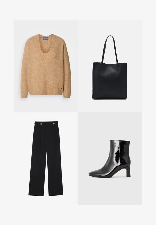 Sweater de malha bege com um amplo decote em V e ombros caídos. Apresenta uma textura suave e um pequeno detalhe de logo no canto inferior esquerdo.; Calças largas pretas com cintura alta, detalhes em botão na cintura e pregas frontais.; Botim de tornozelo em pele sintética preta com bico apontado e salto bloco de altura média. Textura suave e design minimalista.; Bolsa tote preta em couro com textura lisa, forma retangular e duas alças longas. Sem hardware ou enfeites visíveis.